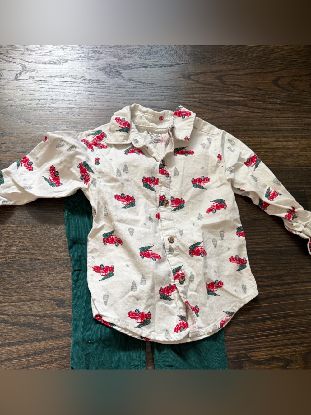 Carters Toddler Boy Christmas Tree Truck Button Down Shirt and Pants Set Size 2T